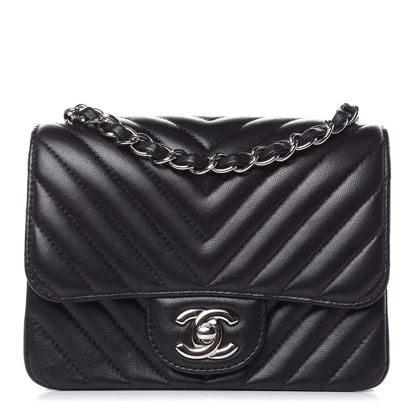 Lambskin Chevron Quilted Mini Square Flap Black