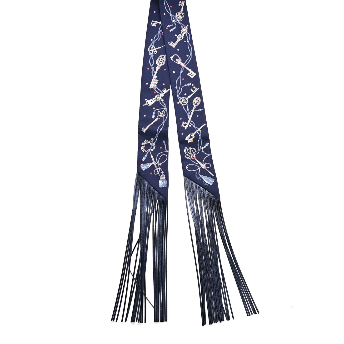 Silk Metallic Agneau Les Cles A Pois Fringed Twilly Bleu Marine Gris Argent Multicolor