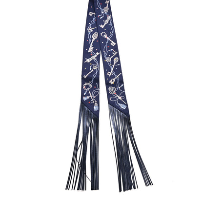 Hermes Silk Metallic Agneau Les Cles A Pois Fringed Twilly Bleu Marine Gris Argent Multicolor 2 of 4