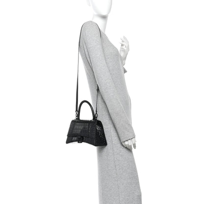 Balenciaga Shiny Calfskin Monochrome Crocodile Embossed Small Hourglass Top Handle Bag Black 2 of 10
