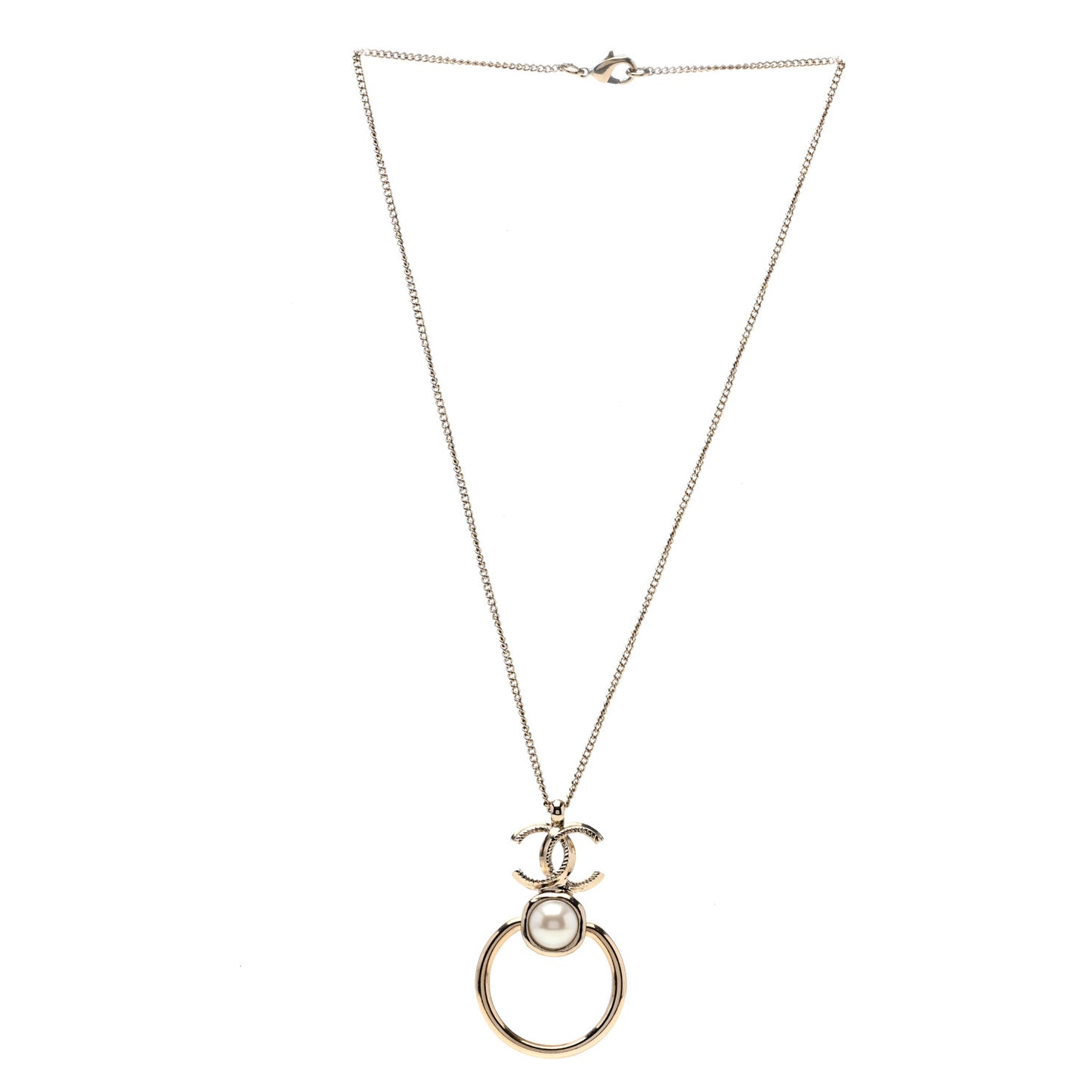 Metal Pearl CC Hoop Drop Pendant Necklace Gold