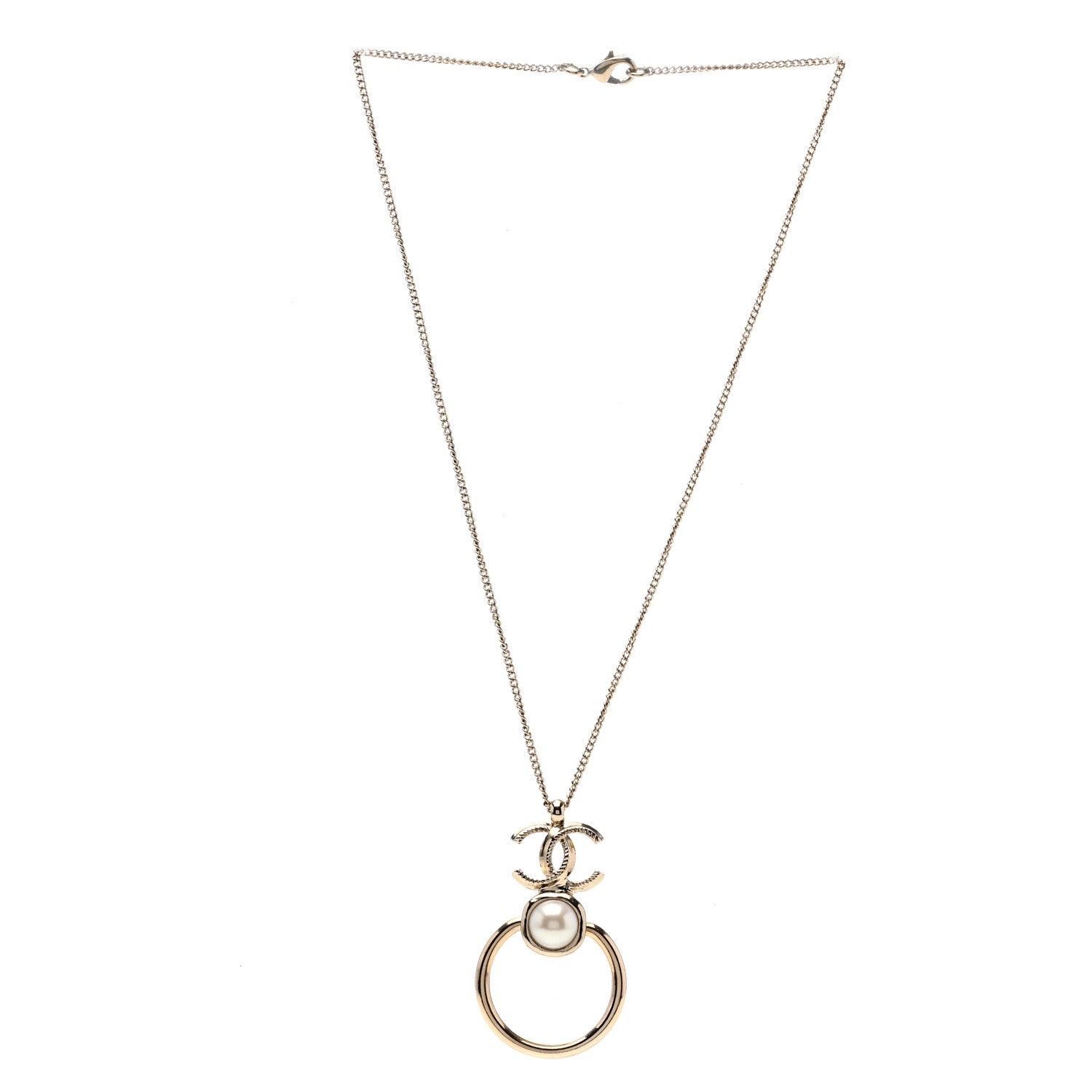Chanel Metal Pearl CC Hoop Drop Pendant Necklace Gold 3 of 7