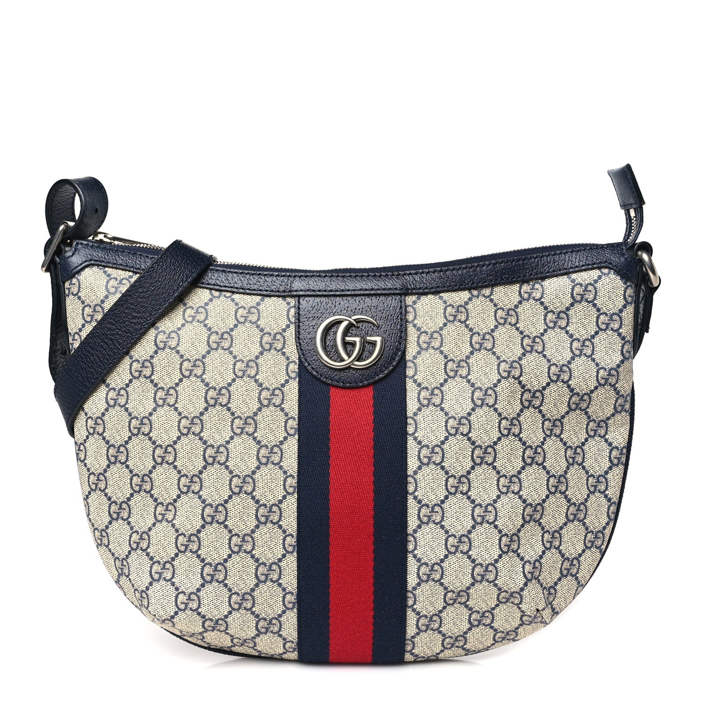 GG Supreme Monogram Textured Dollar Calfskin Web Small Ophidia Half Moon Hobo Beige Blue