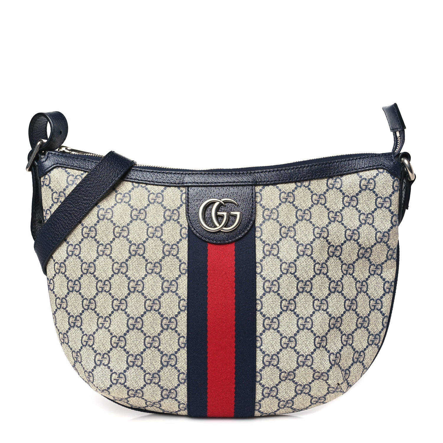 Gucci GG Supreme Monogram Textured Dollar Calfskin Web Small Ophidia Half Moon Hobo Beige Blue 1 of 10