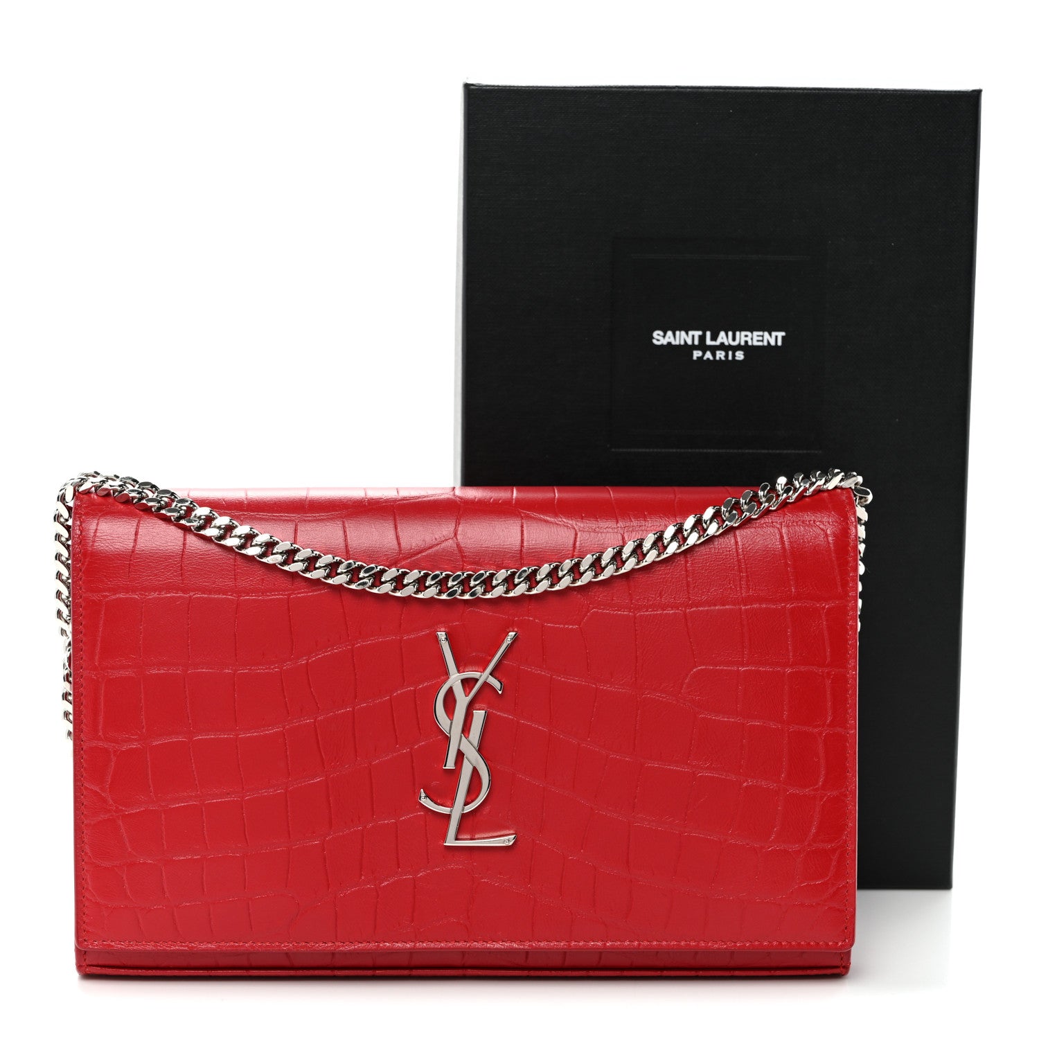 Saint Laurent Calfskin Crocodile Embossed Monogram Chain Wallet