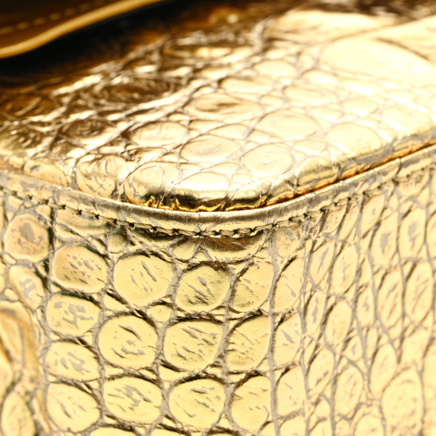 Metallic Calfskin Crocodile Embossed Cocodile Small Double Flap  Gold