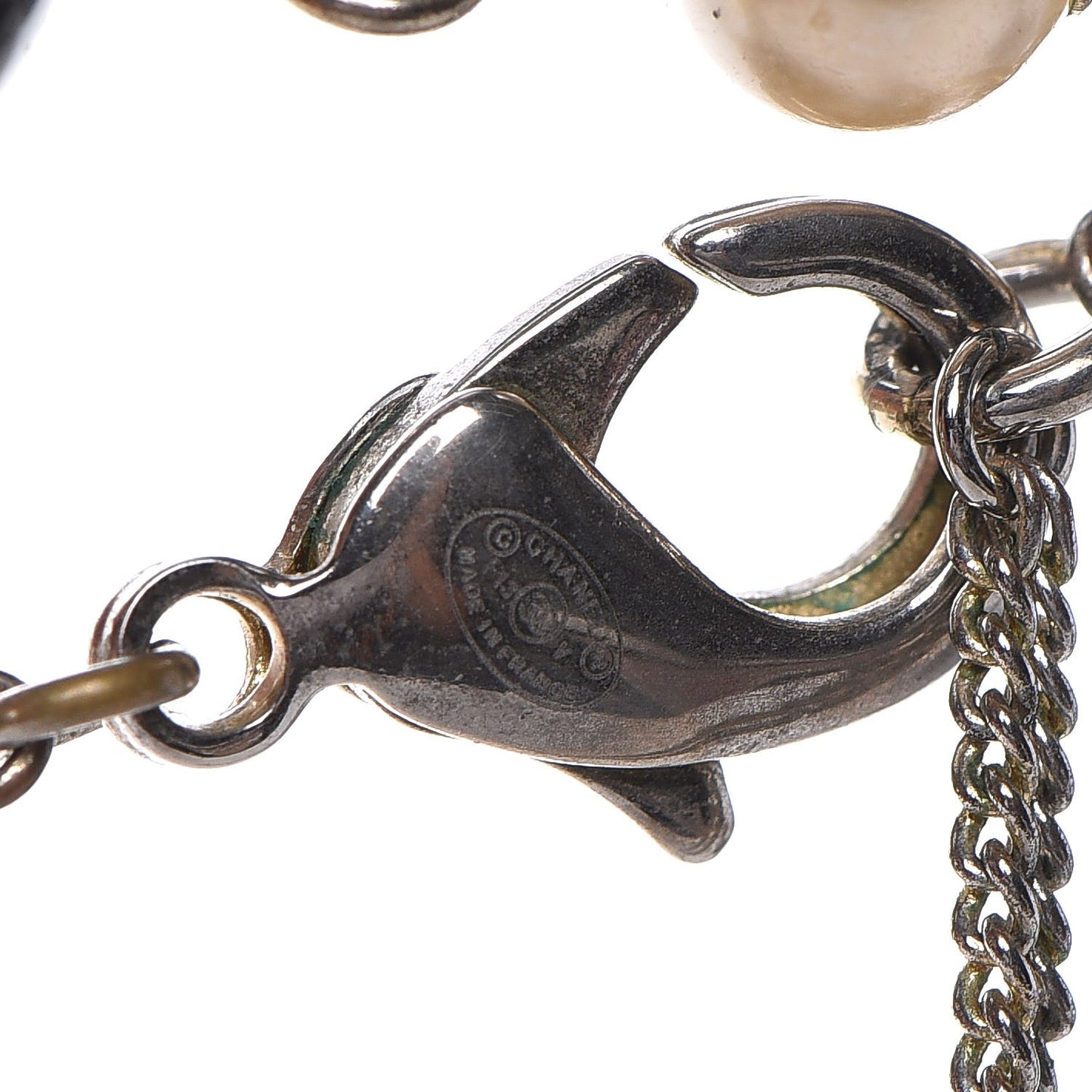 Pearl Bead Enamel CC Long Necklace Black Gold