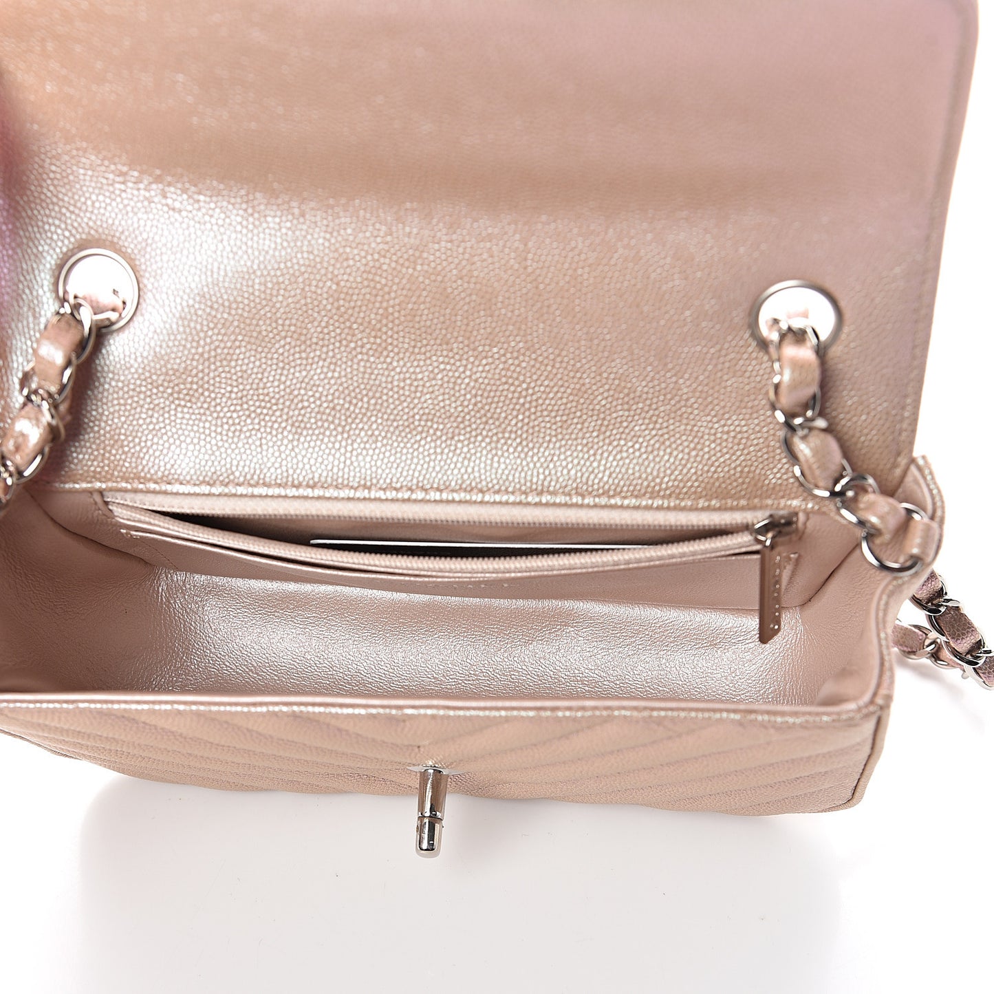 Iridescent Caviar Chevron Quilted Mini Rectangular Flap Light Gold