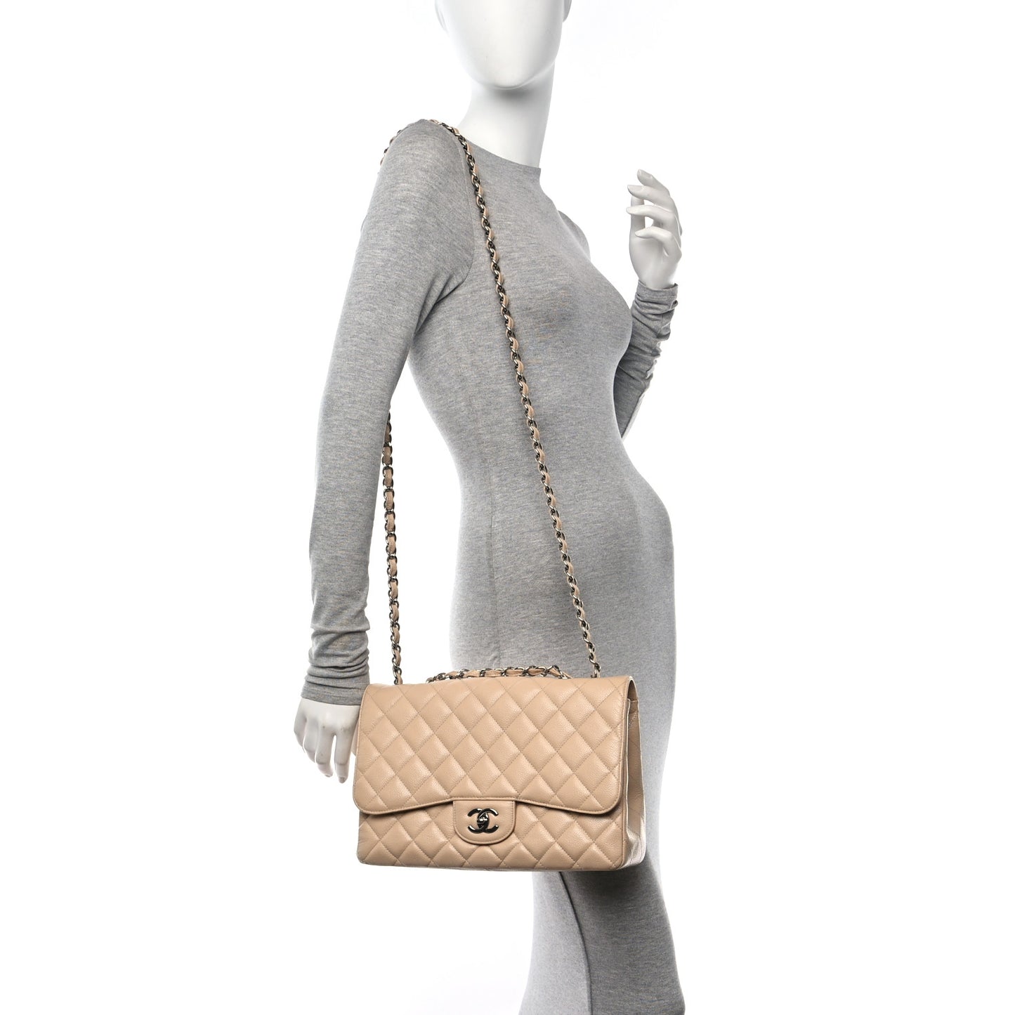 Caviar Quilted Jumbo Single Flap Beige Clair