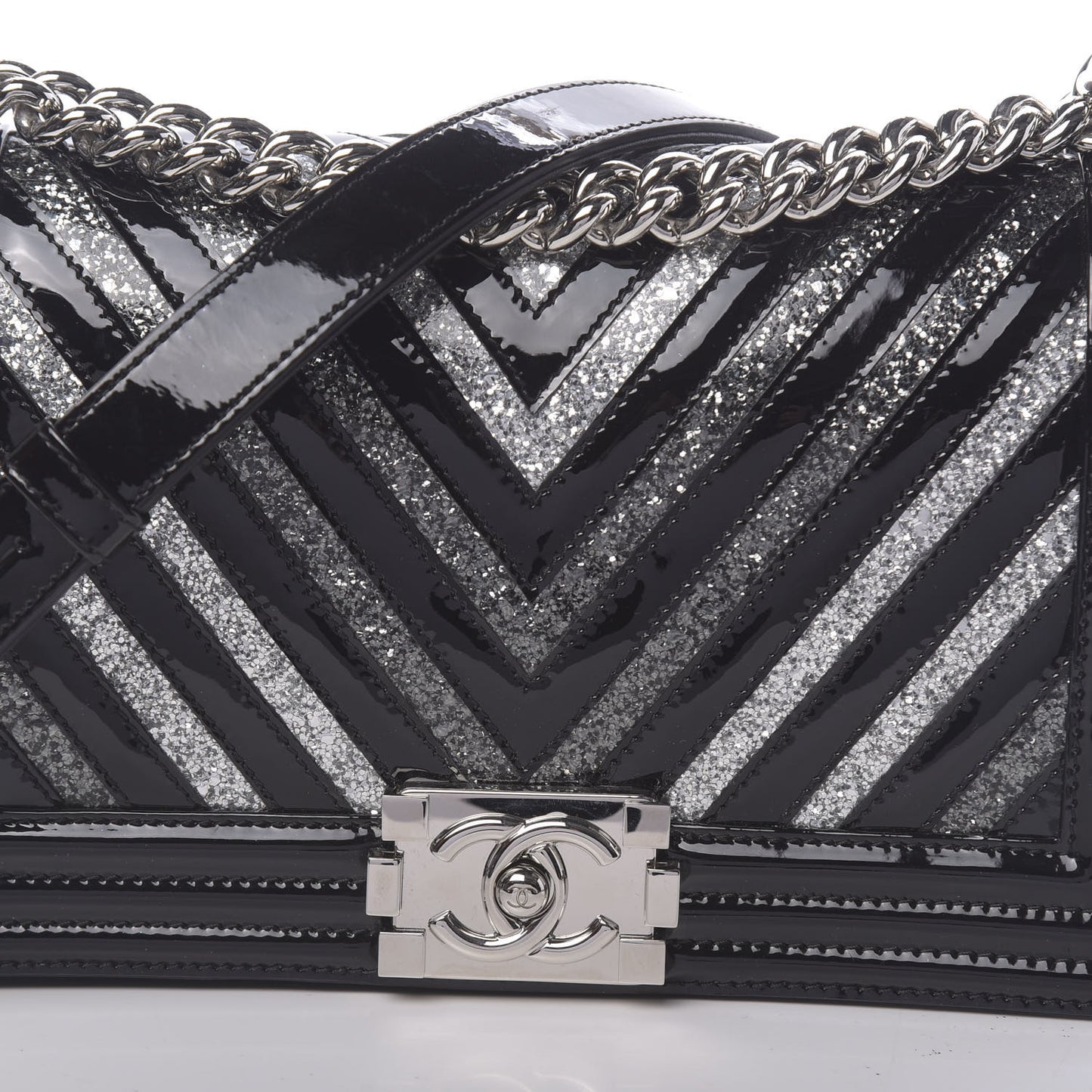 Patent Glitter PVC Chevron Quilted Medium Boy Flap Black Silver