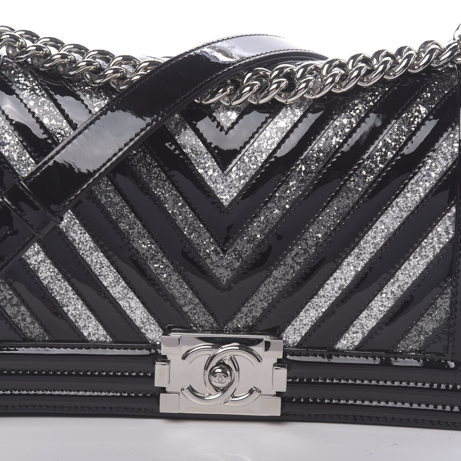 Chanel Patent Glitter PVC Chevron Quilted Medium Boy Flap Black Silver 12 of 13