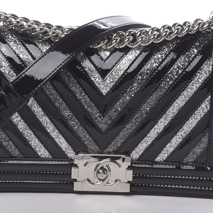 Chanel Patent Glitter PVC Chevron Quilted Medium Boy Flap Black Silver 12 of 13