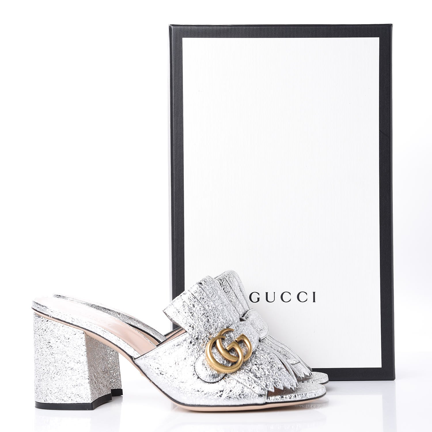 Gucci Galassia GG Marmont Fringe 75mm Slide Sandals 38.5 Argento 10 of 10
