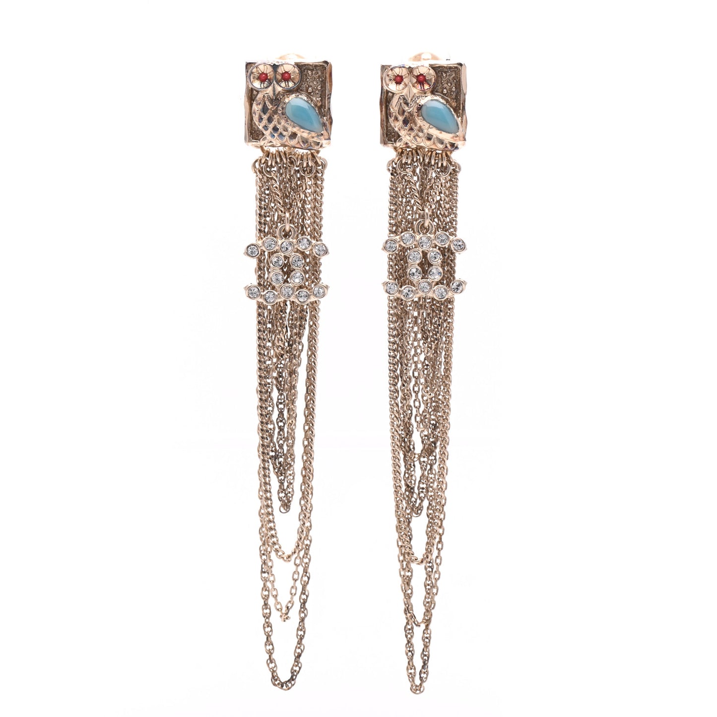 Crystal CC Owl Chain Drop Clip On Earrings Gold