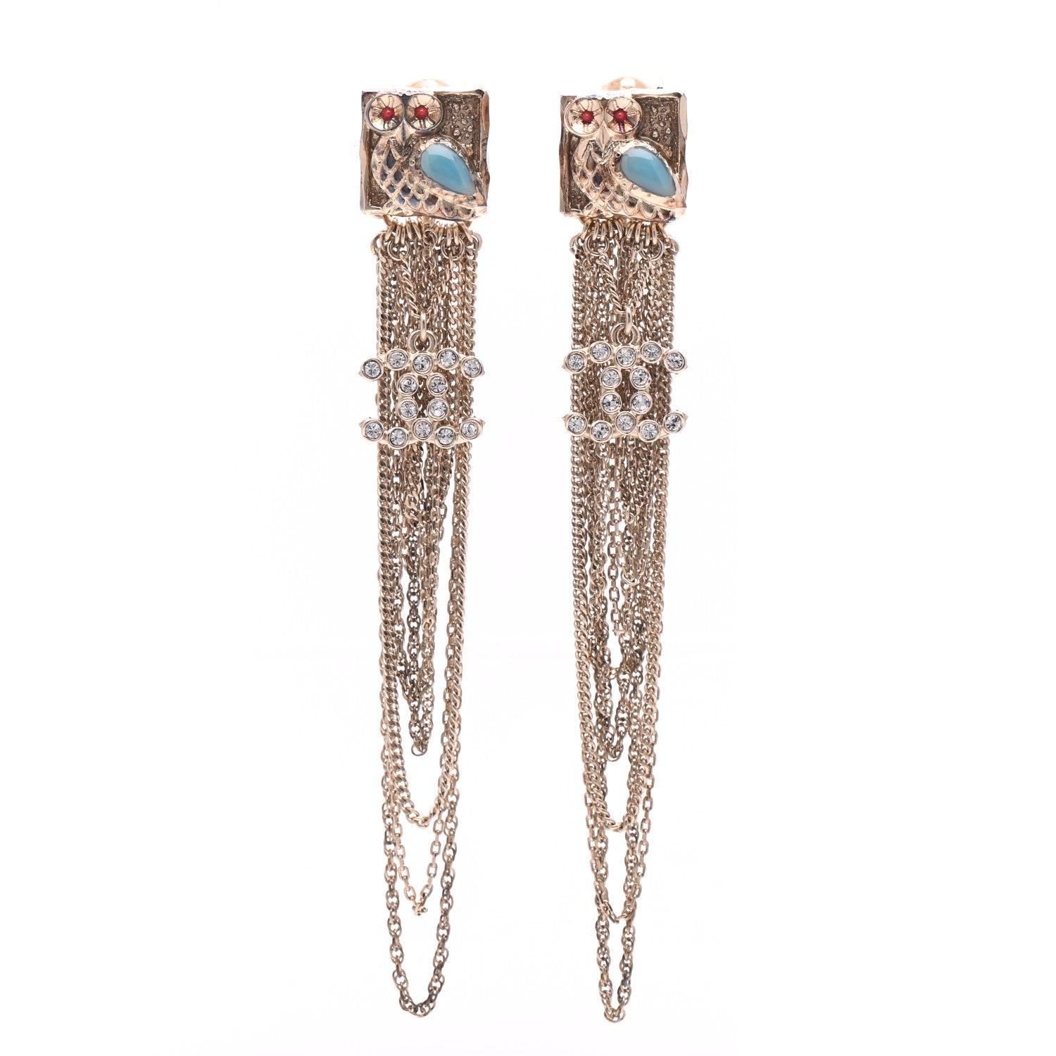 Chanel Crystal CC Owl Chain Drop Clip On Earrings Gold 1 of 7