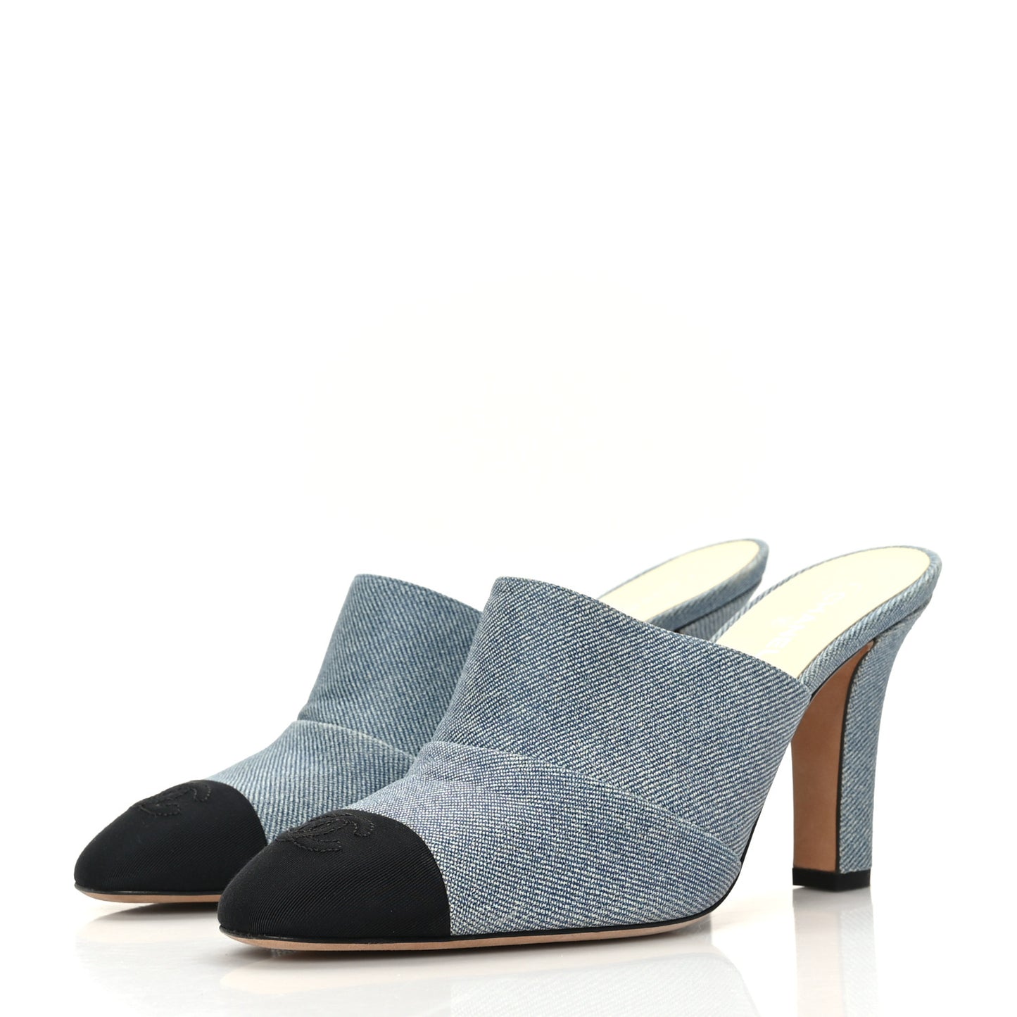 Printed Lambskin Grosgrain Cap Toe CC Mules 38.5 Blue Black