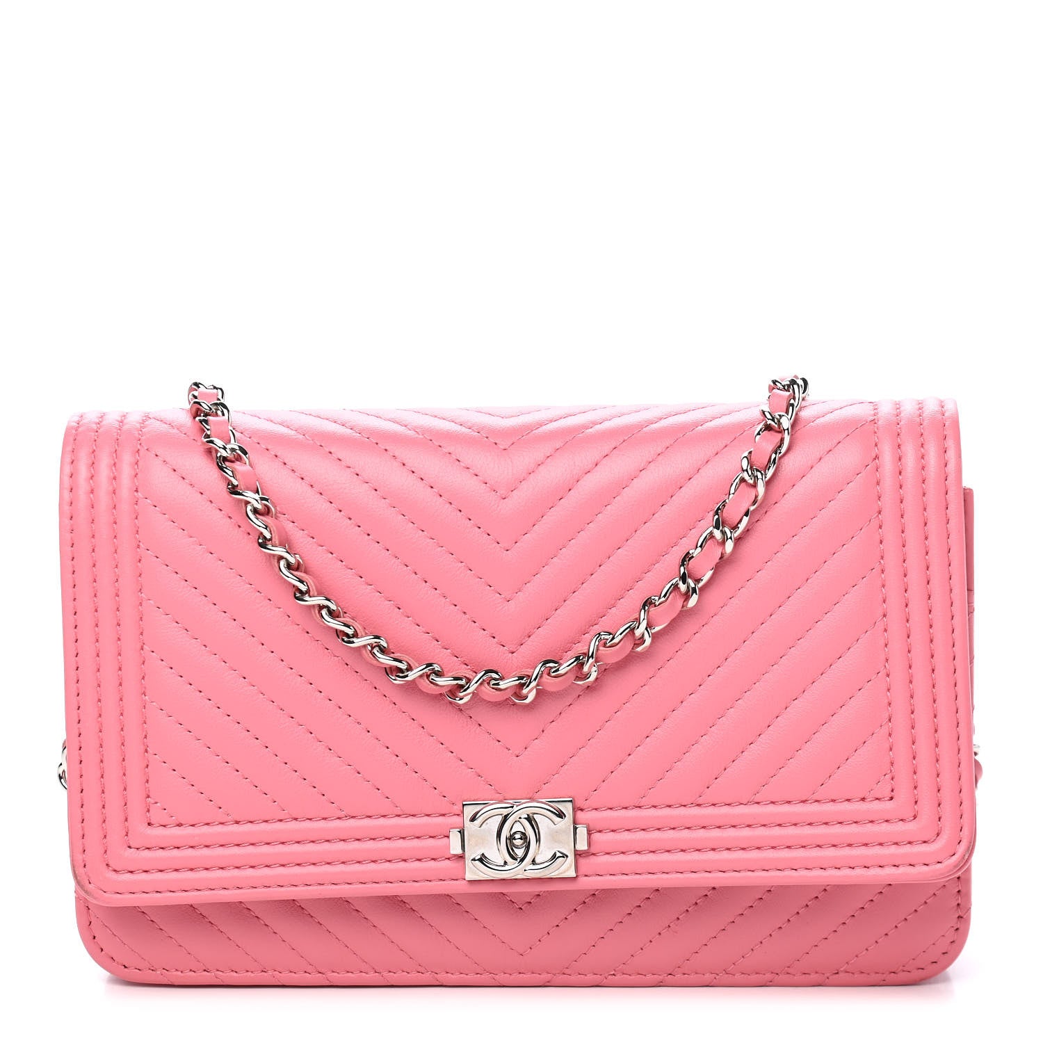 Chanel Calfskin Chevron Quilted Boy Wallet On Chain WOC Pink 1 of 10