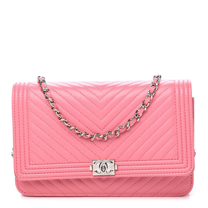 Chanel Calfskin Chevron Quilted Boy Wallet On Chain WOC Pink 1 of 10