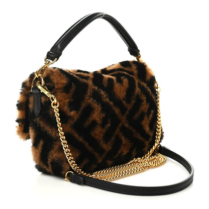 Fendi Shearling Vitello Dolce Macro FF 1974 Mini Baguette Tobacco Black 3 of 10
