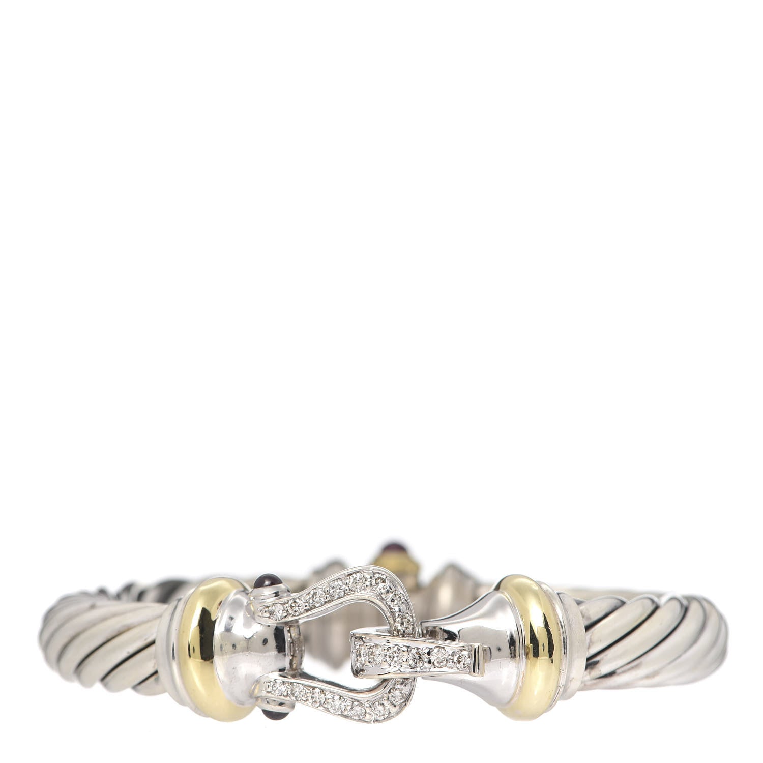 David Yurman Sterling Silver 18K Yellow Gold Diamond Garnet 10mm Cable Buckle Bracelet 1 of 5