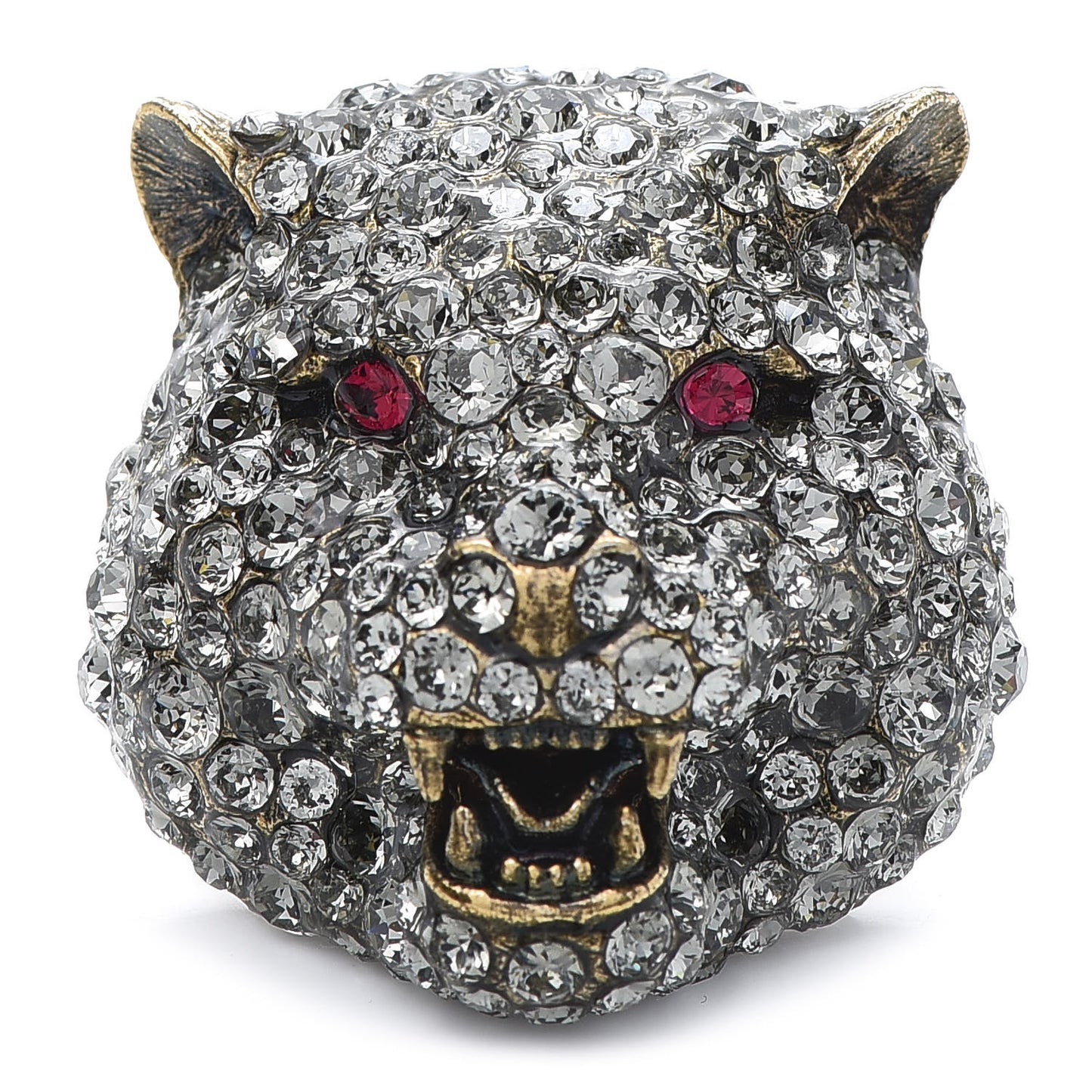 Metal Crystal Feline Head Brooch Aged Gold