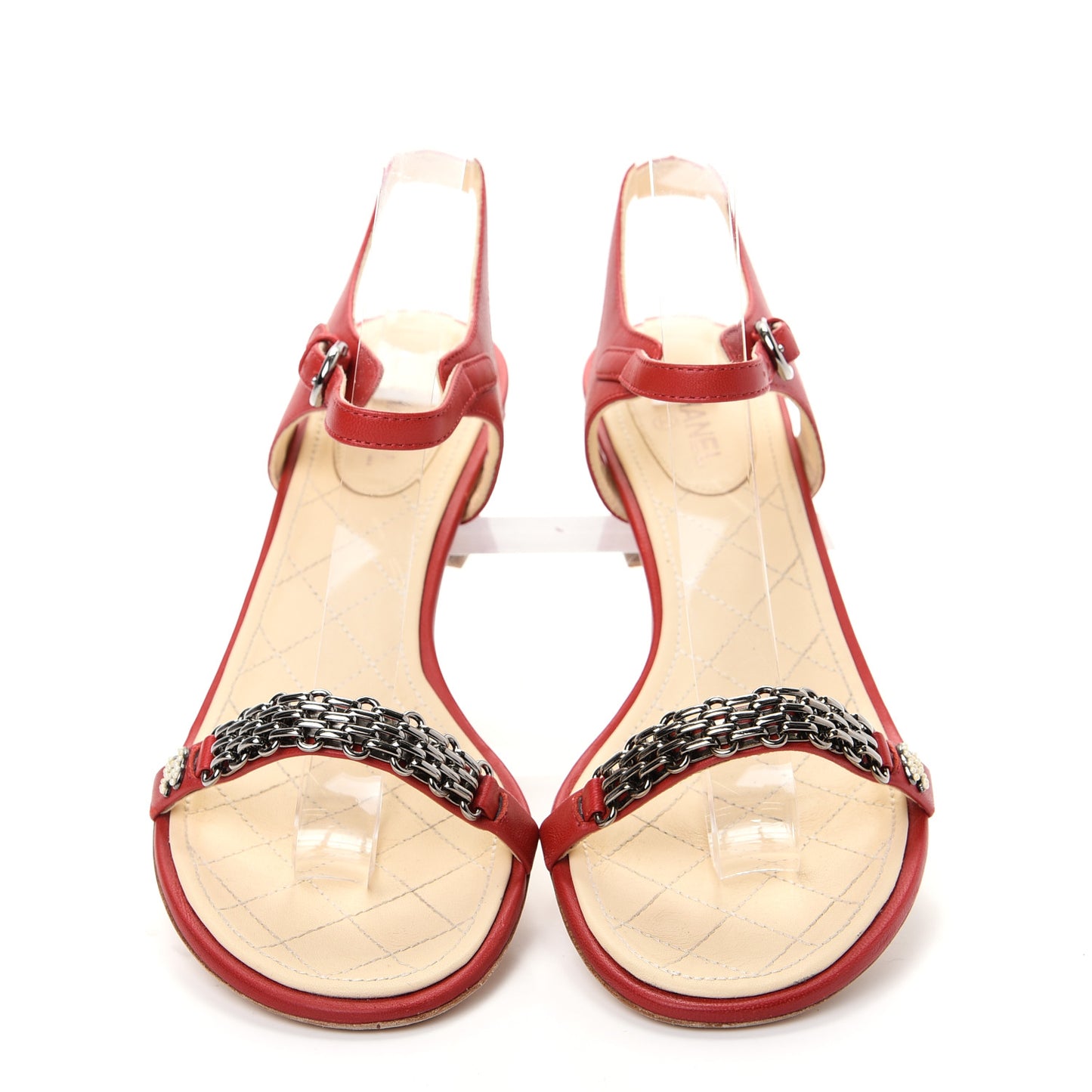 Lambskin CC Pearl Chain Sandals 39 Red