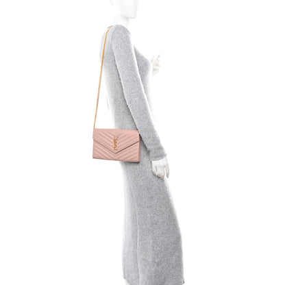 Saint Laurent Grain De Poudre Matelasse Chevron Monogram Chain Wallet Pale Pink 2 of 11