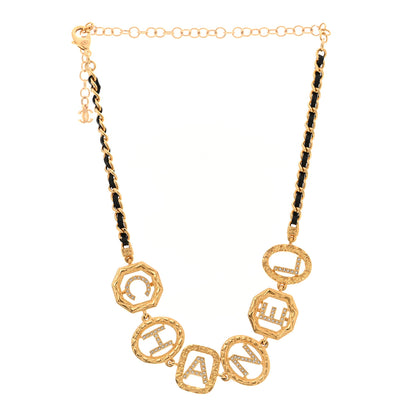Chanel Metal Lambskin Crystal Chain Logo Choker Necklace Gold Black 3 of 5