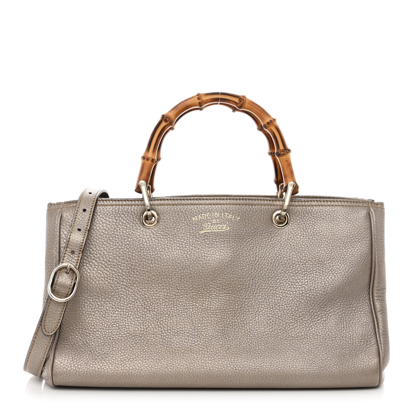 Metallic Pebbled Calfskin Medium Bamboo Shopper Tote Golden Beige