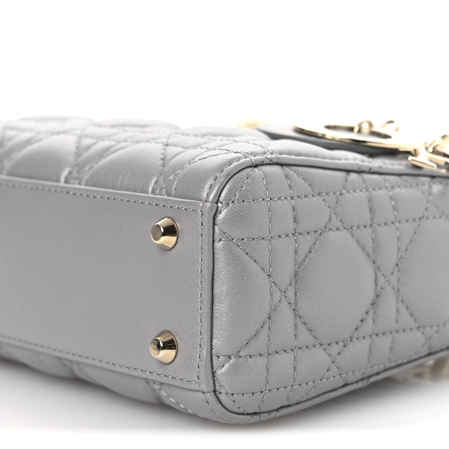 Metallic Lambskin Cannage Mini Lady Dior Grey