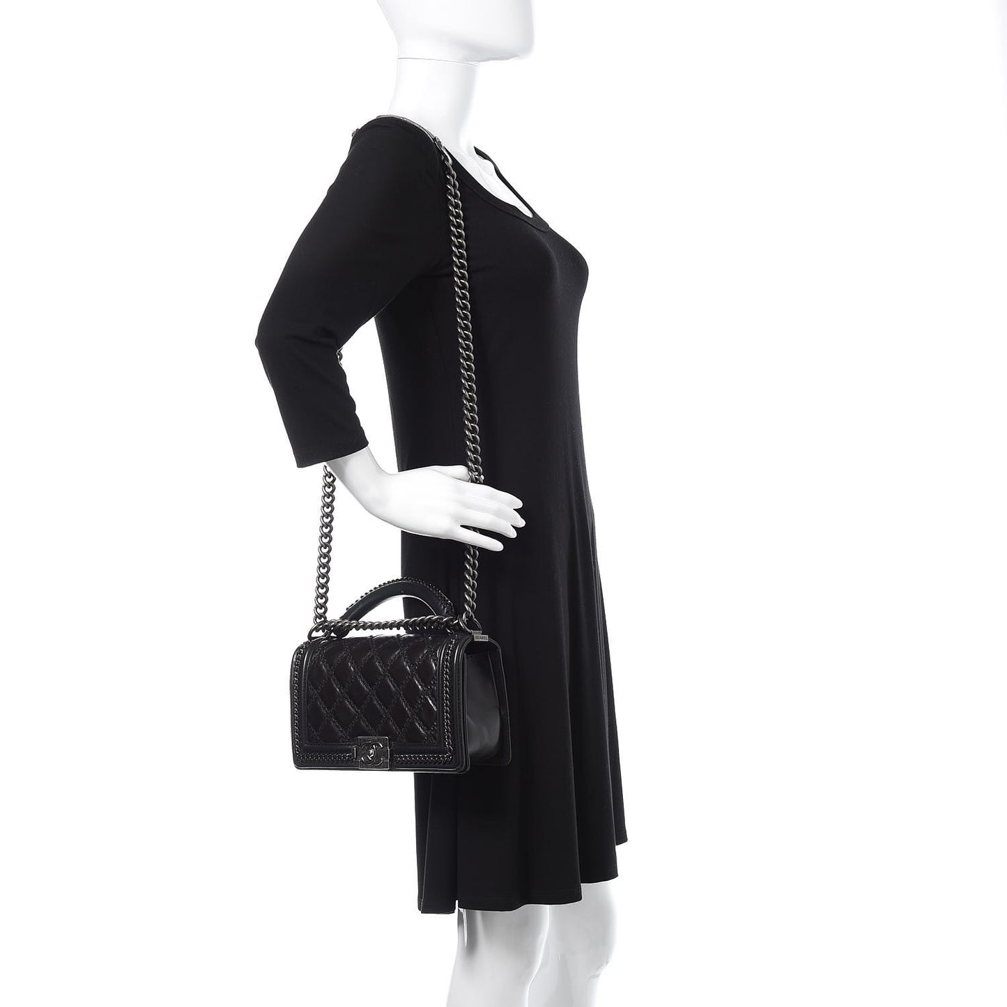 Calfskin Quilted Medium Boy Top Handle Flap Black