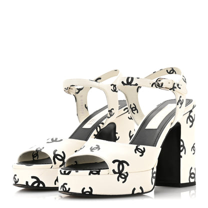 Chanel Printed Lambskin Coco Beach Platform Sandals 37 White Black 3 of 7