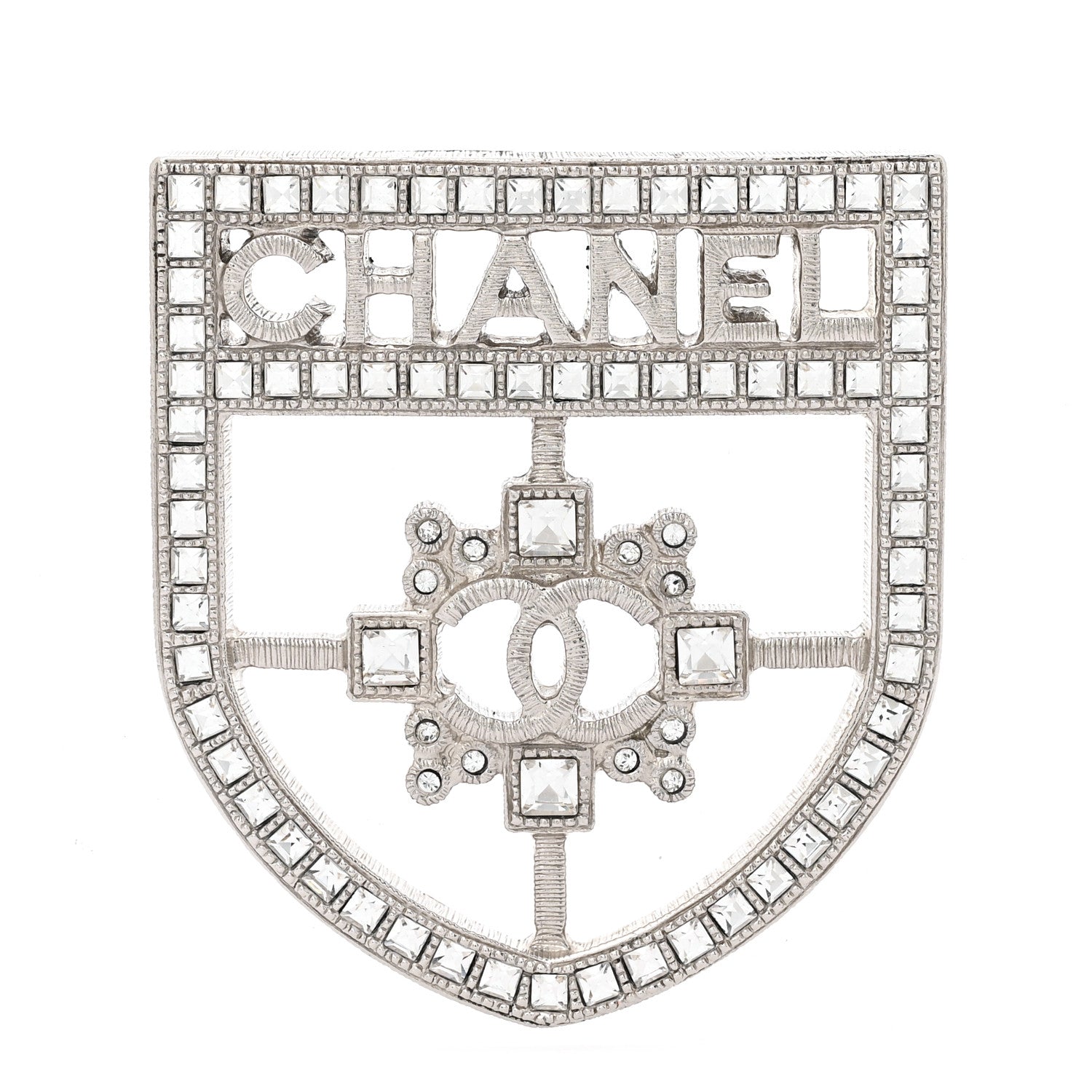 Chanel Swarovski Baguette Crystal CC Shield Brooch Silver 1 of 5