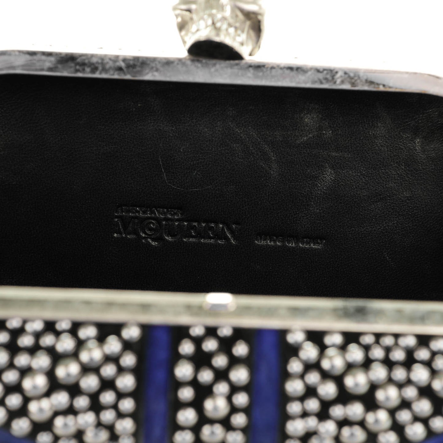 Suede Studded Britannia Skull Box Clutch Blue Black