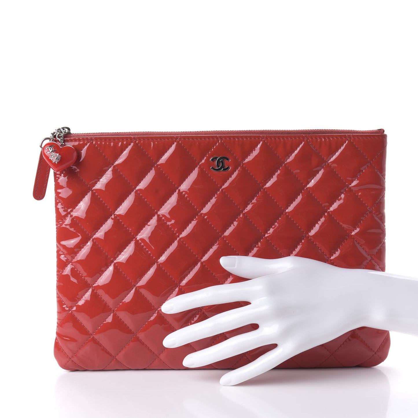 Patent Calfskin Quilted Valentine Hearts Medium O Cosmetic Case Red