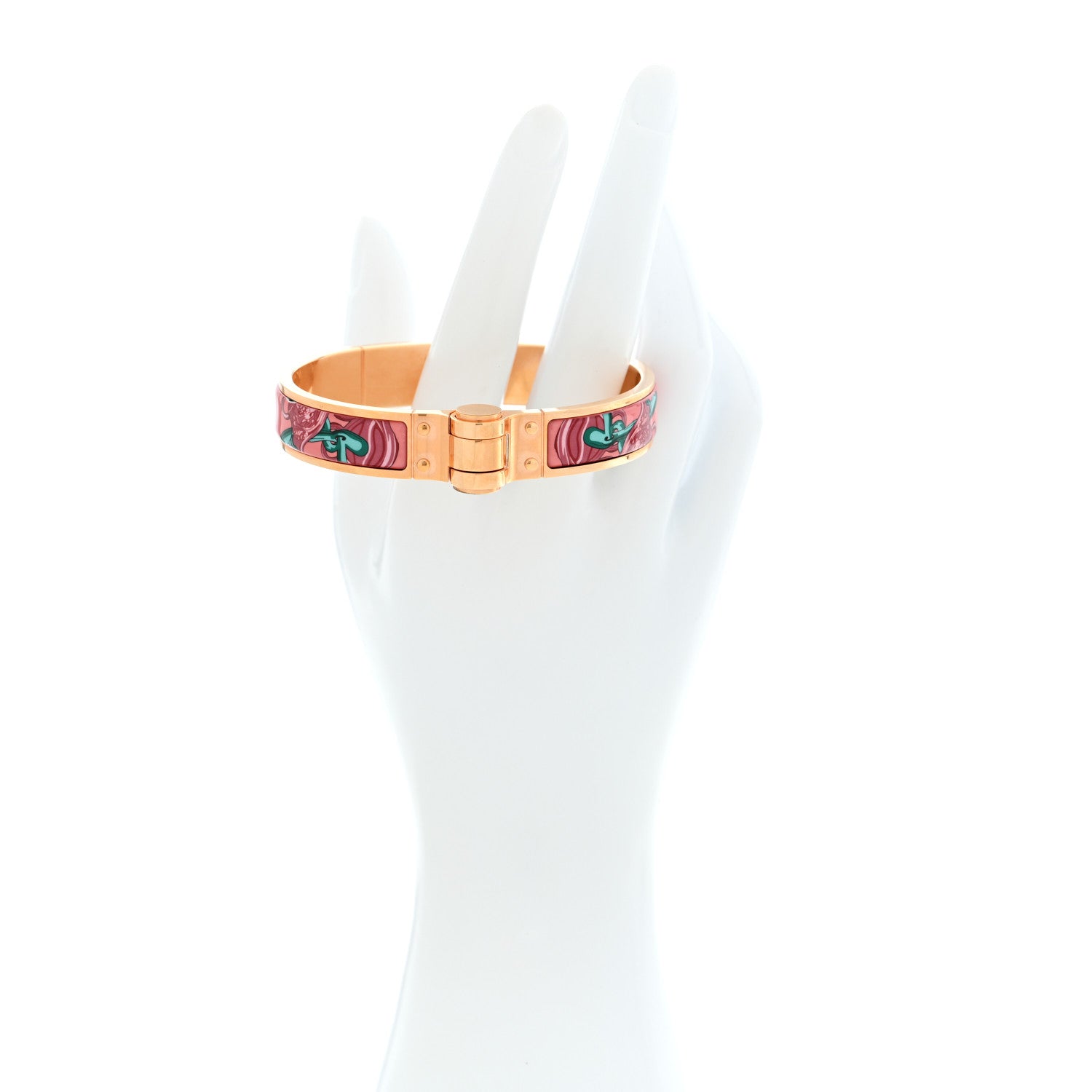 Hermes Enamel Printed Narrow Charniere Brides De Gala Hinged Bracelet M Rose Couture 2 of 4