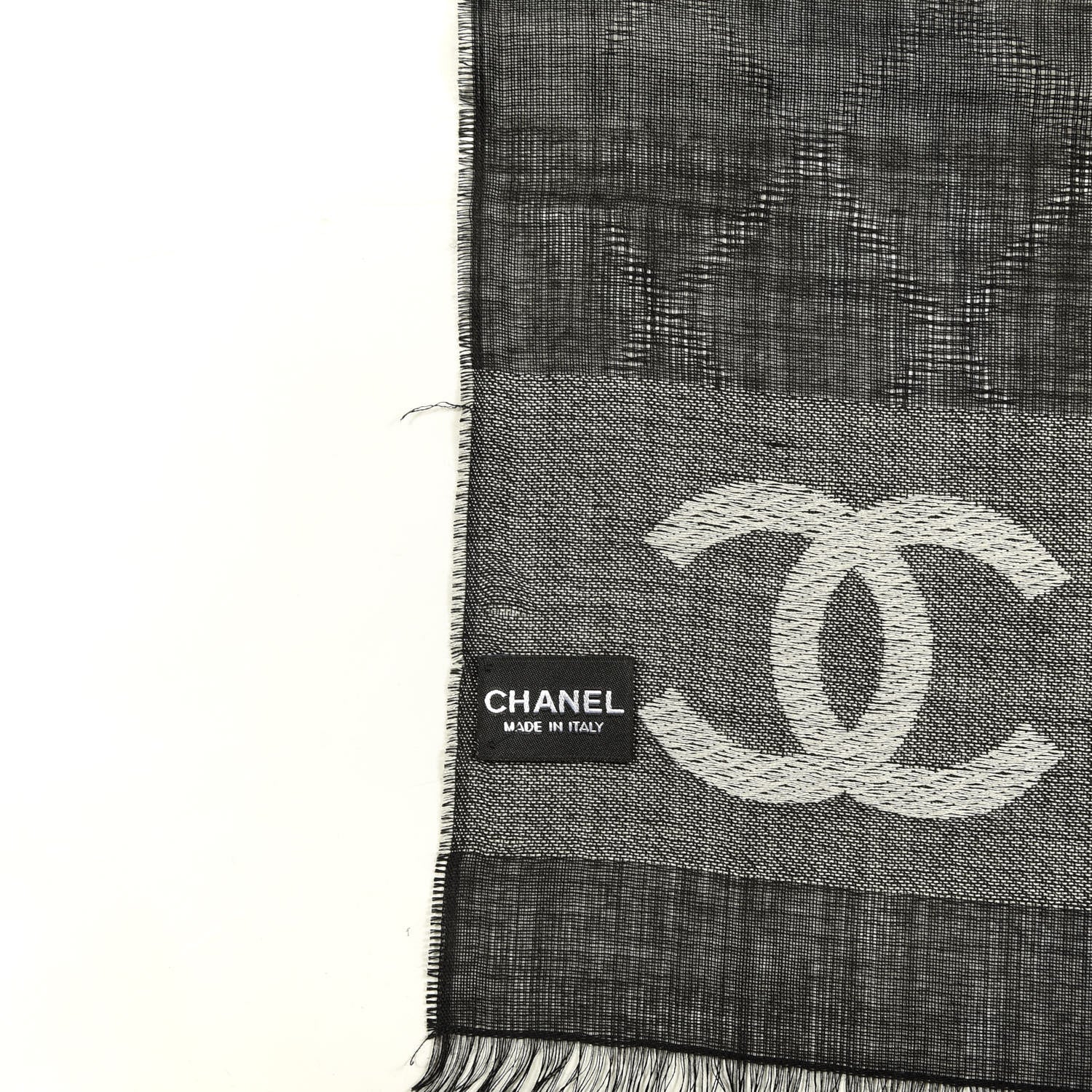 Chanel Wool Silk Cashmere CC Scarf Shawl Black White 3 of 3