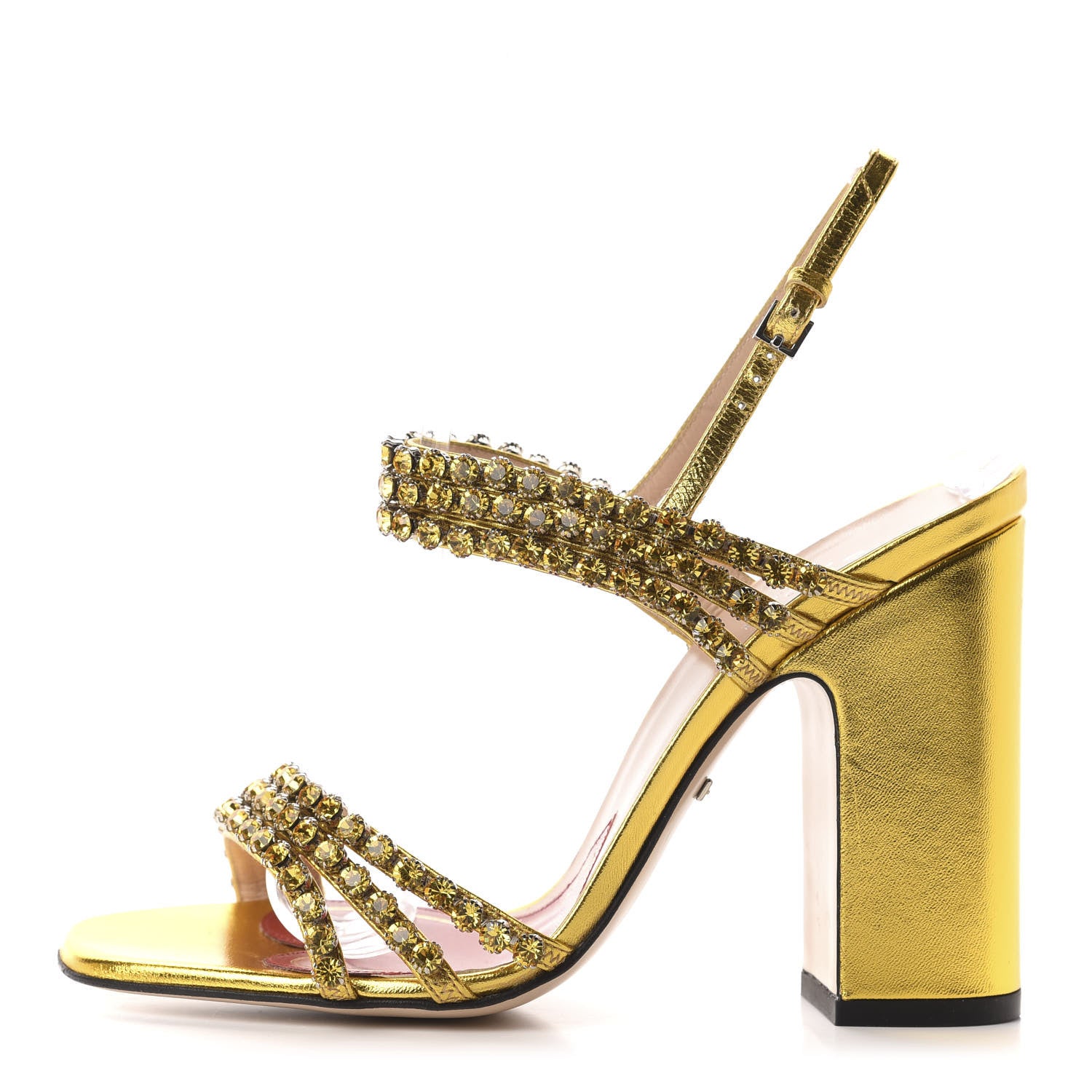 Gucci Nappa Silk Crystal Bertie High Heel Sandals 37 Gold 1 of 9