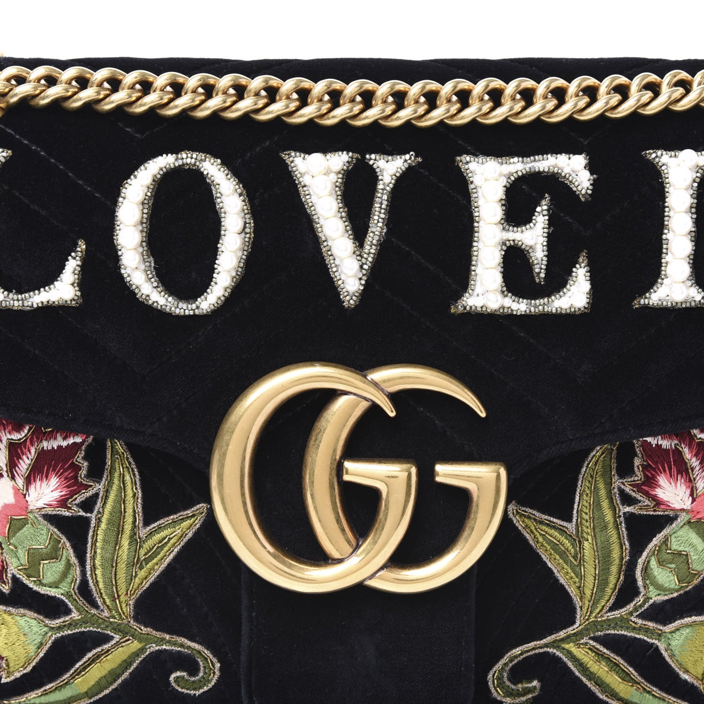 Velvet Matelasse Loved Embroidered Medium GG Marmont Shoulder Bag Black