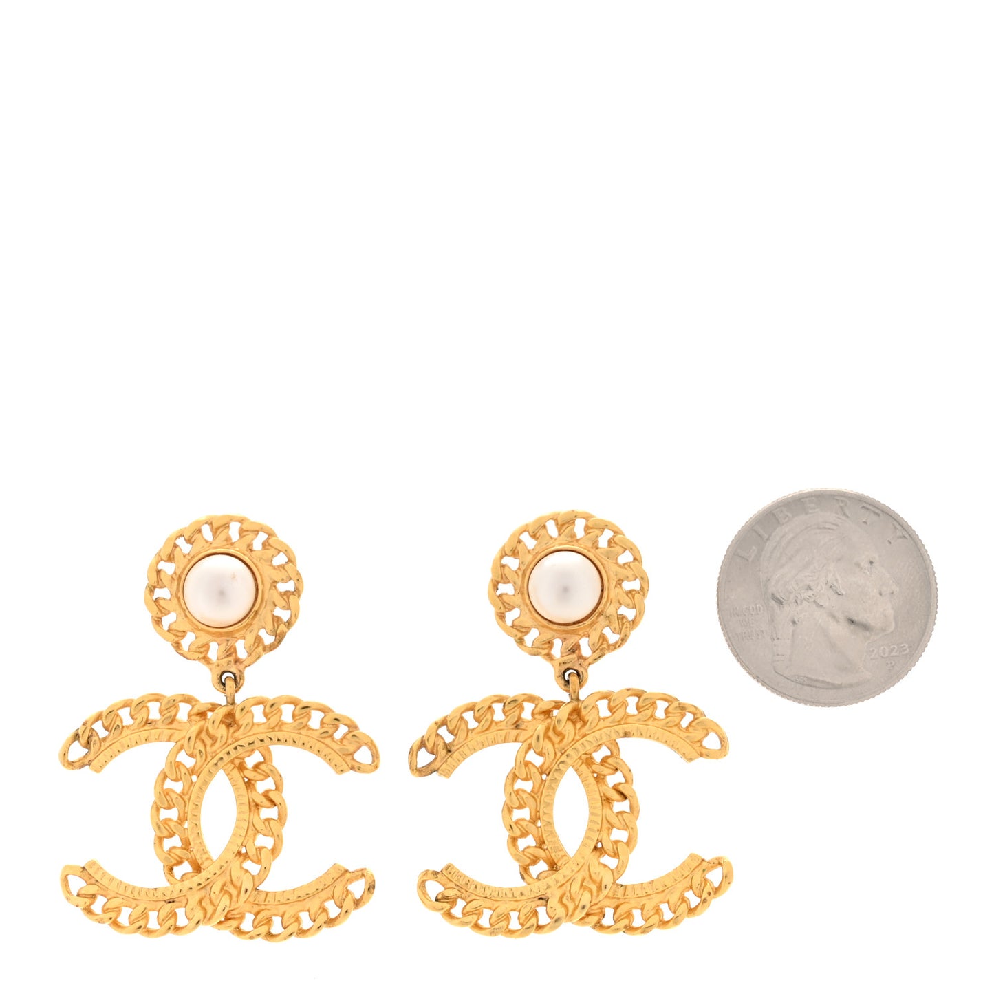 Metal Pearl CC Chain Drop Earrings Gold