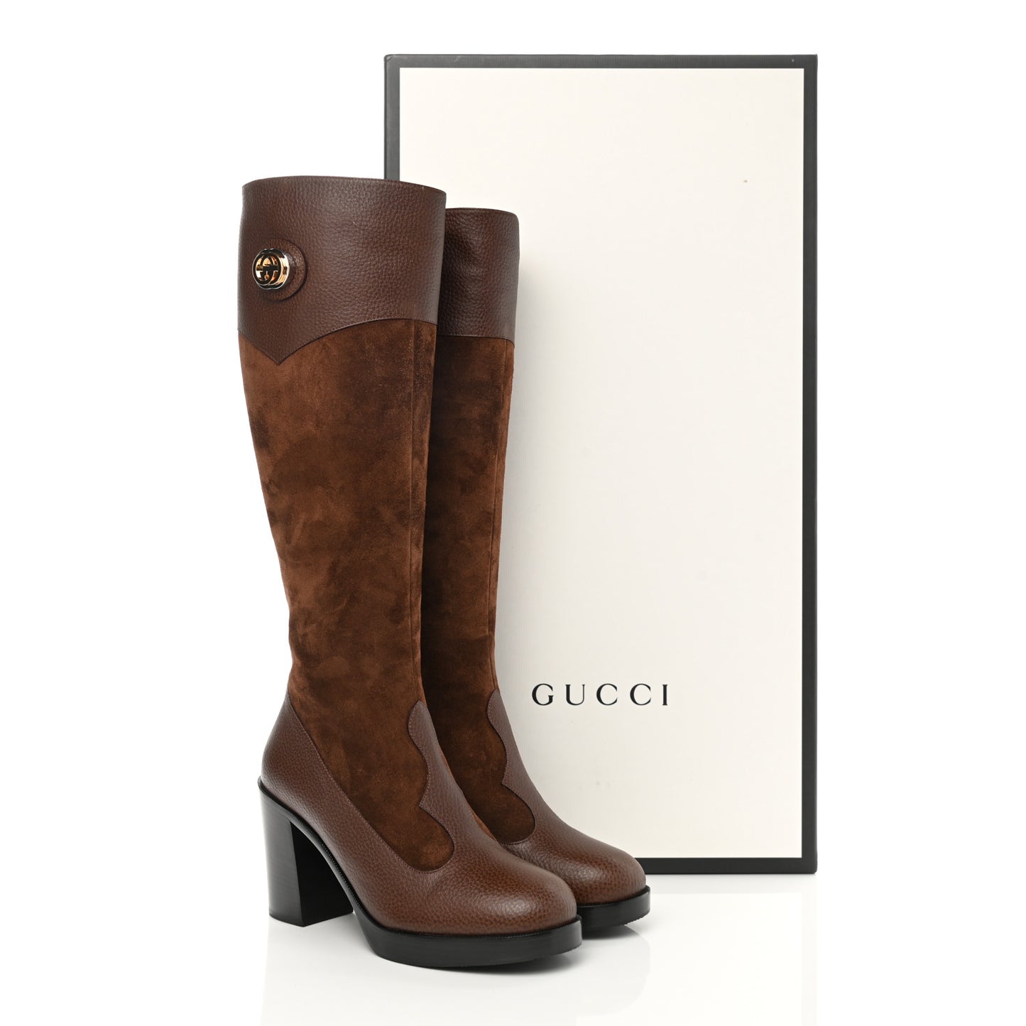Austin Calfskin Super Softy Suede Interlocking G Knee High Boots 38.5 Brown Mahogany