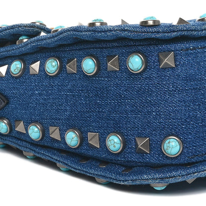 Valentino Garavani Denim Medium Guitar Strap Rockstud Rolling Flap Saddle Bag 8 of 11
