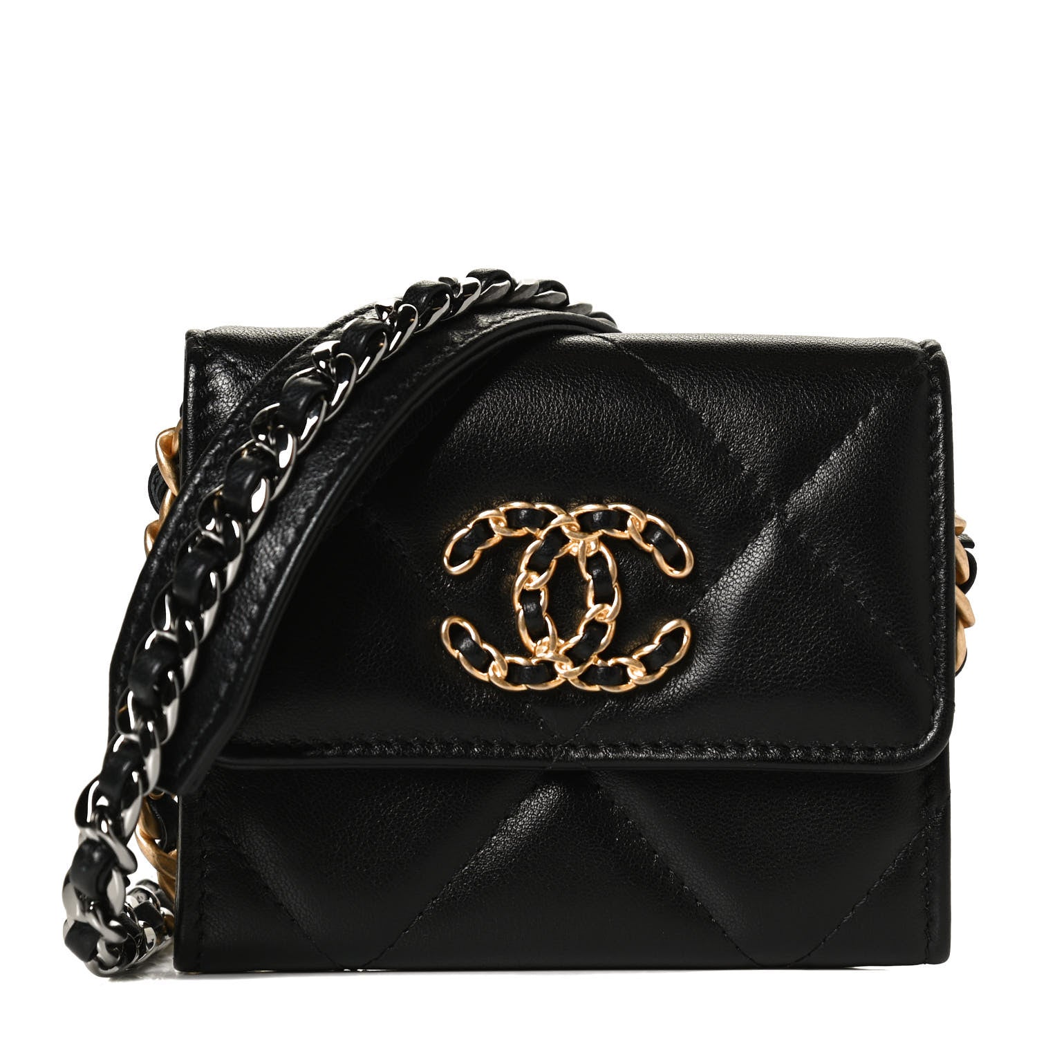 Chanel Lambskin Quilted Chanel 19 Flap Coin Purse With Chain Black 1 of 10