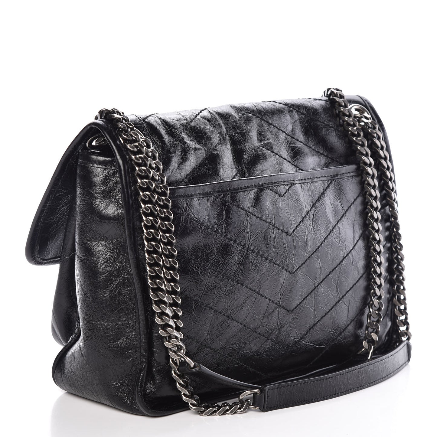 Crinkled Calfskin Matelasse Monogram Medium Niki Chain Satchel Black