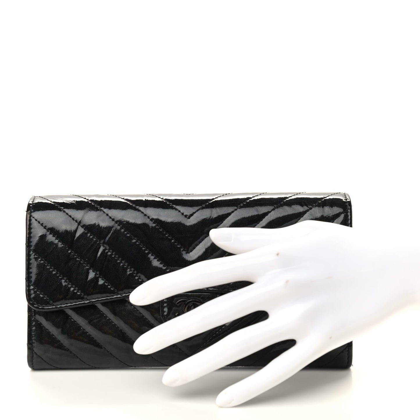 Patent Metallic Crumpled Calfskin Chevron Quilted Large Gusset Flap Wallet So Black