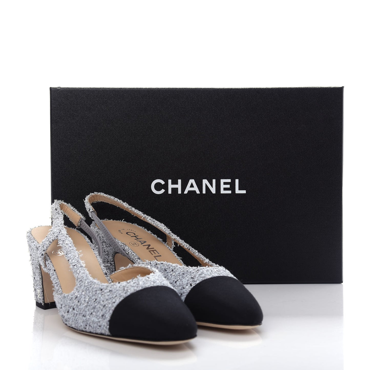 Tweed Grosgrain Cap Toe CC Slingback Pumps 37.5 Grey Silver Black