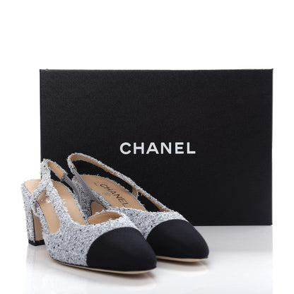 Chanel Tweed Grosgrain Cap Toe CC Slingback Pumps 37.5 Grey Silver Black 11 of 12