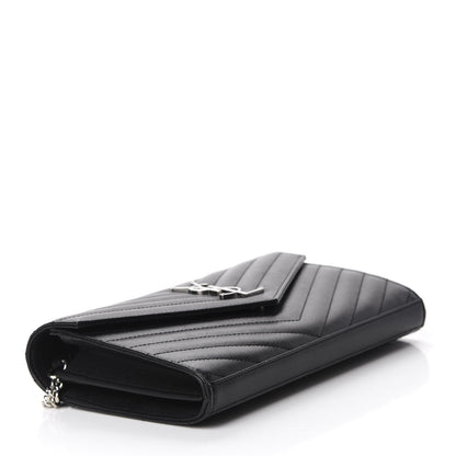 Saint Laurent Grain De Poudre Matelasse Chevron Monogram Chain Wallet Black 4 of 13