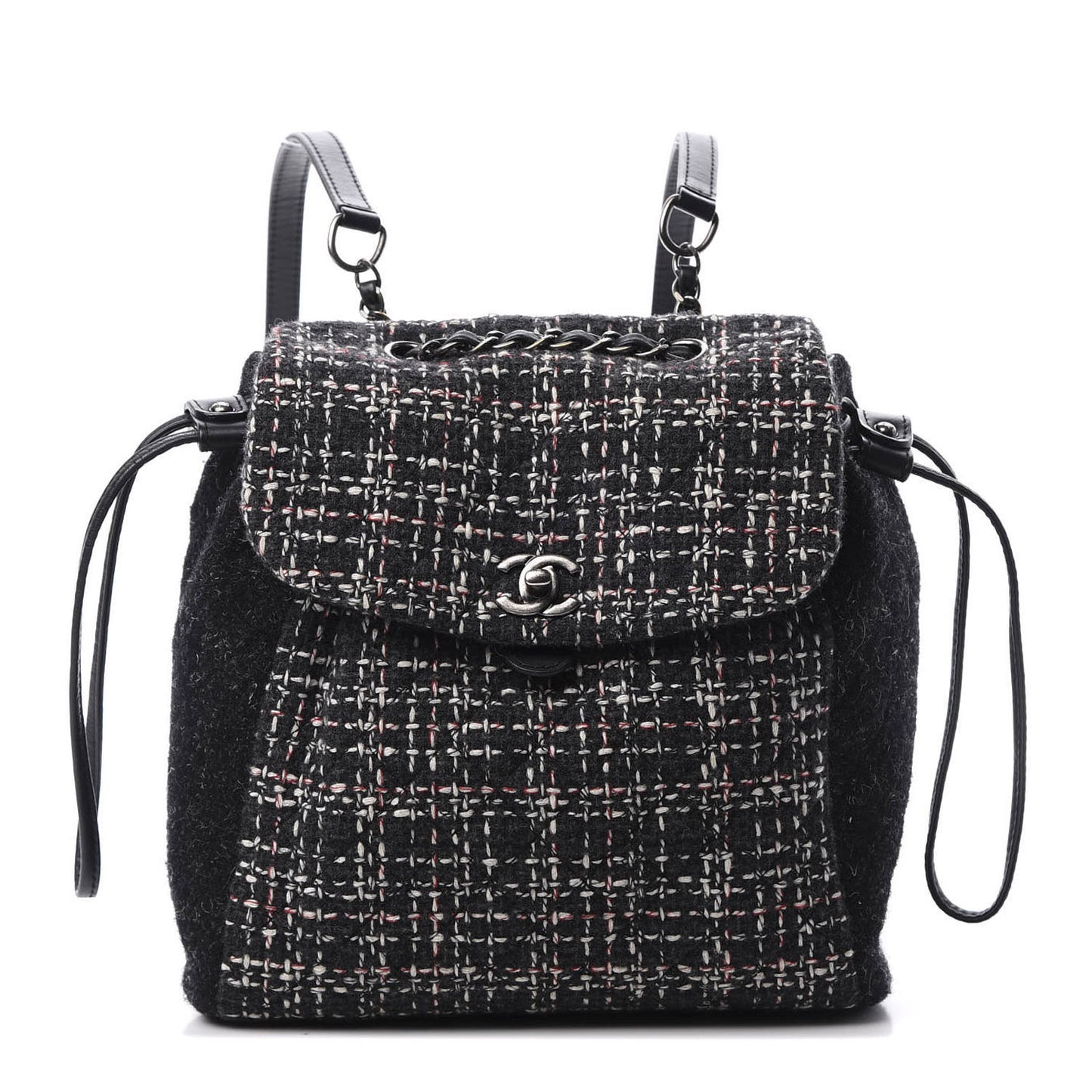 Tweed Drawstring Backpack Black White Red