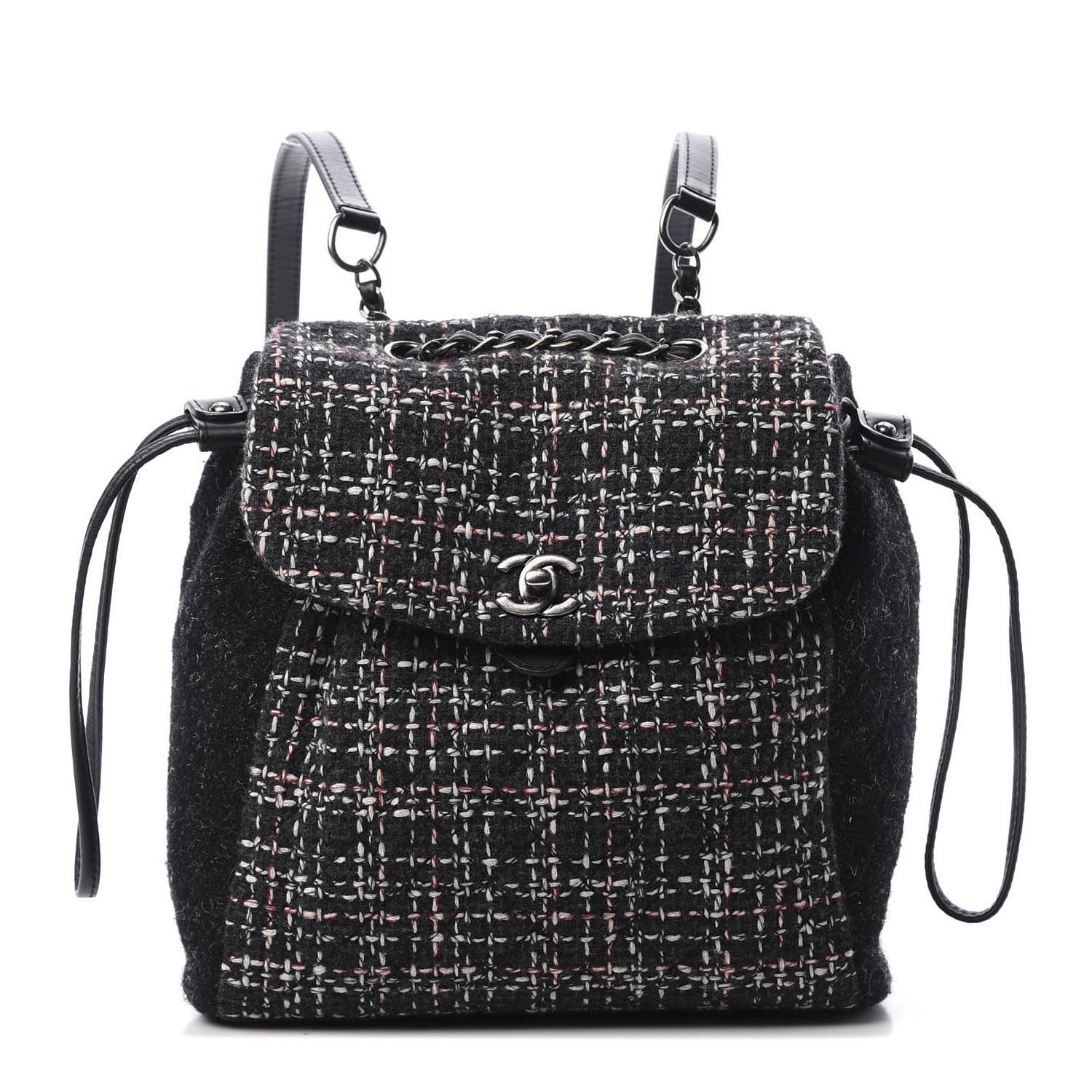 Chanel Tweed Drawstring Backpack Black White Red 1 of 9